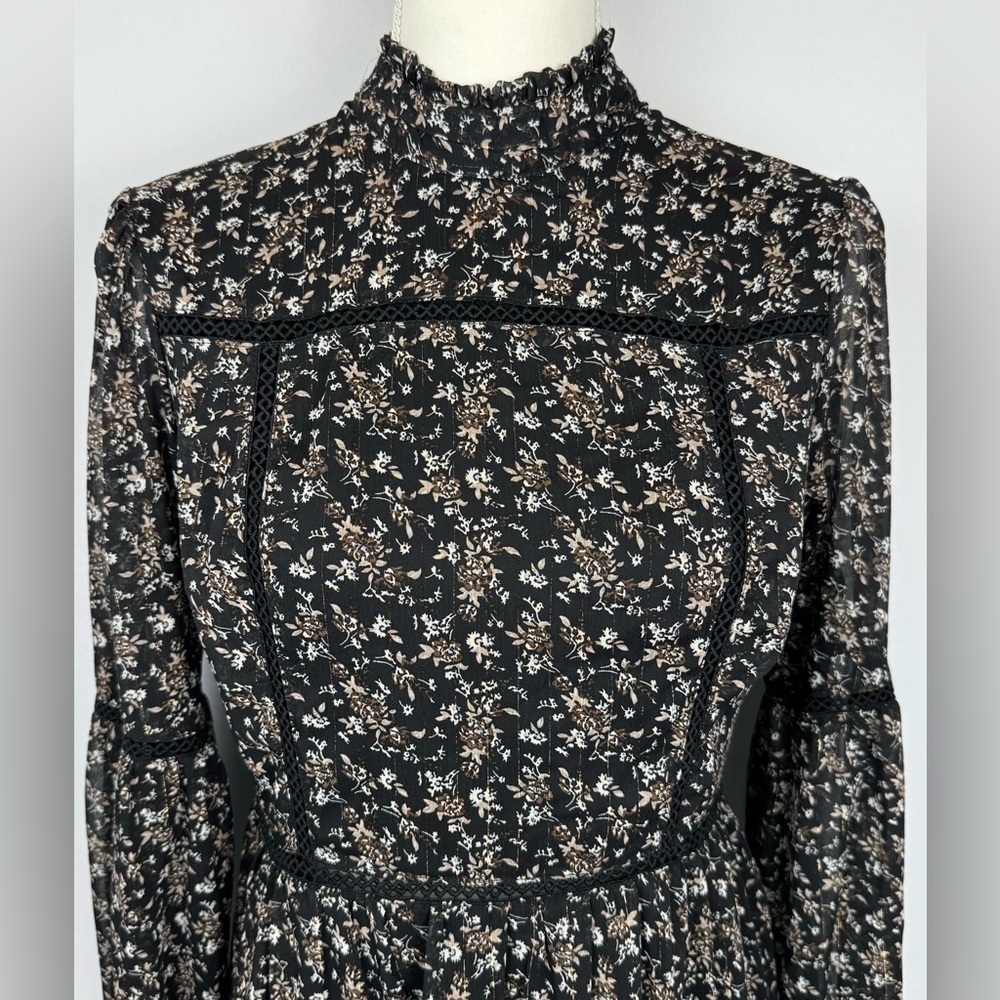 Aqua Ditsy Floral Black Dress Ruffle High Neck Embroidery Small Whimsigoth Boho - Picture 5 of 16